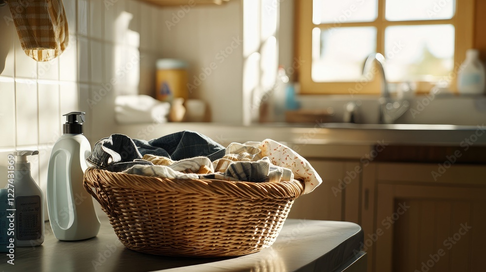 Obraz premium A wooden wicker basket filled with a mix of clothes, ready for washing, placed near a sink with soap and laundry detergent bottles.