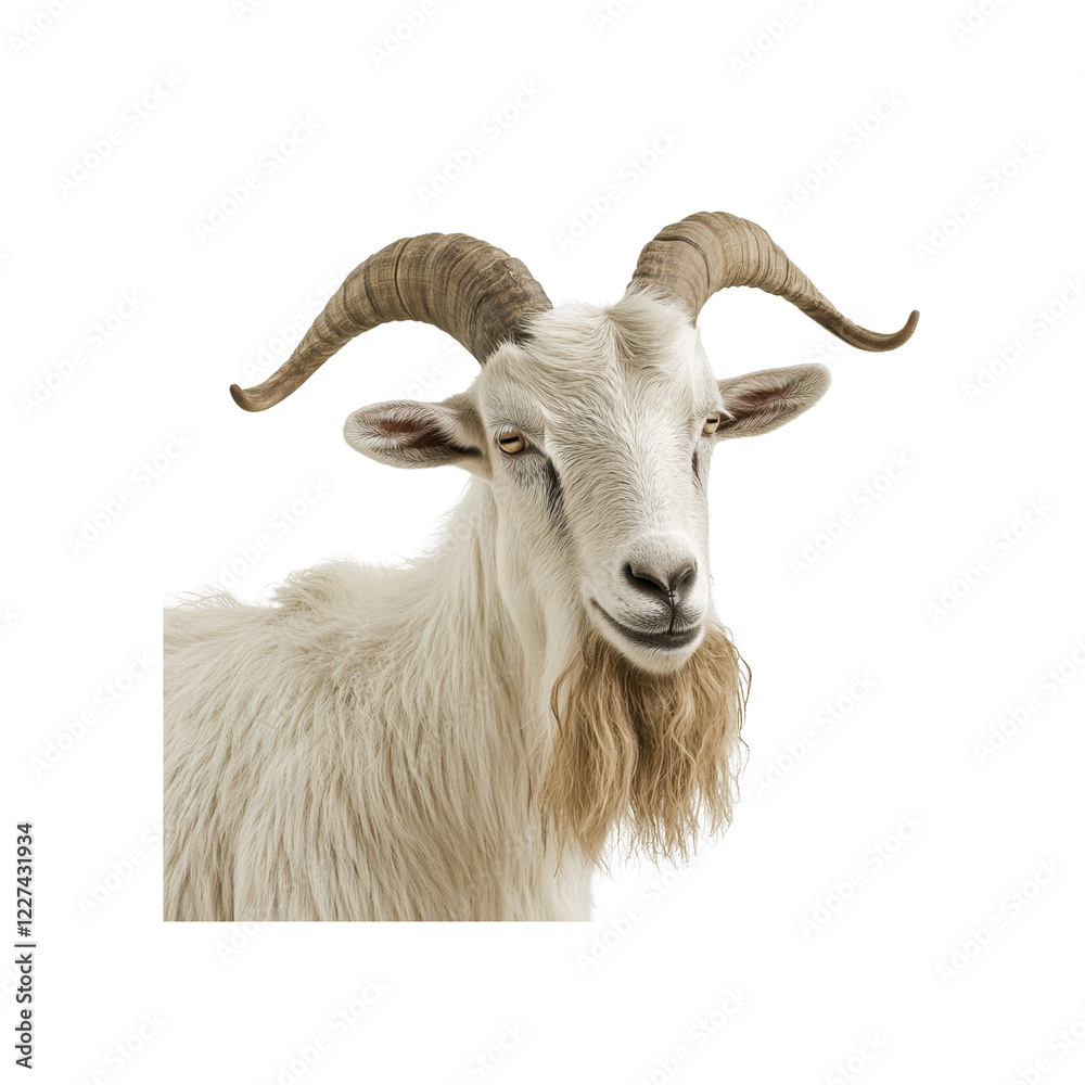 Obraz premium Majestic White Goat with Curly Horns on a White Background