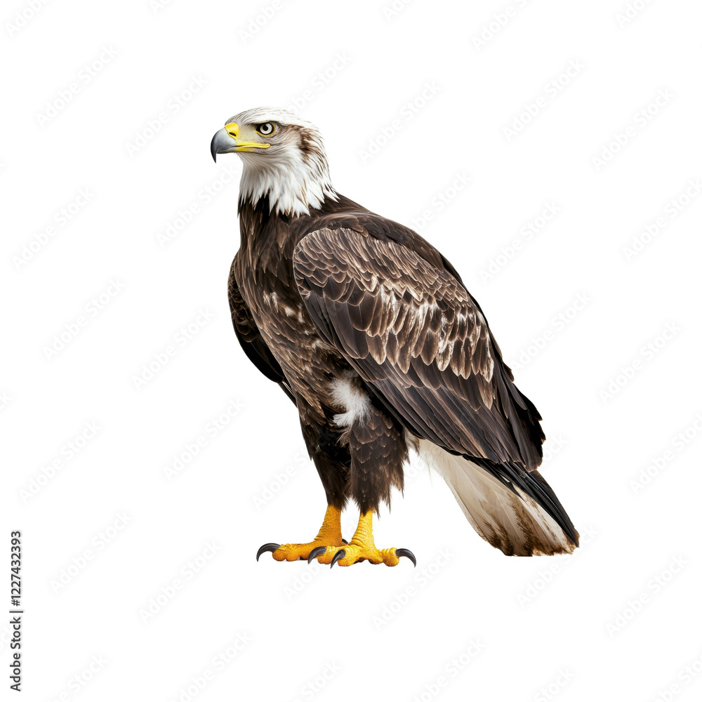 Obraz premium Majestic Bald Eagle Perched Confidently on a Rock Against White Background