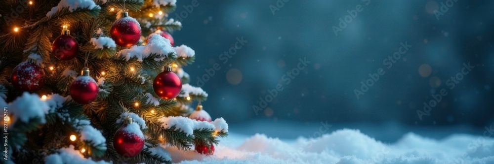 Fototapeta premium Snowy Christmas tree with ornaments and garland, garland, greenery, lights