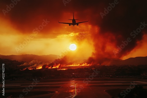 Dramatic sunset view of an airplane flying over a landscape engulfed in flames with dark smoke rising in the background