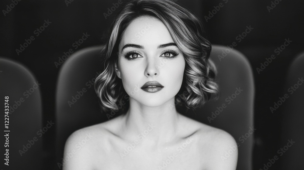 Naklejka premium Fashion hair cut glamorous concept. Captivating portrait of a woman with voluminous curled hair and striking facial features