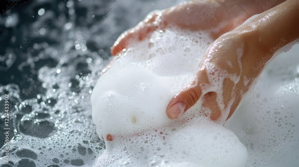 Hands washing with soap under running water from a modern bathroom faucet, with soap foam forming and water gently flowing.