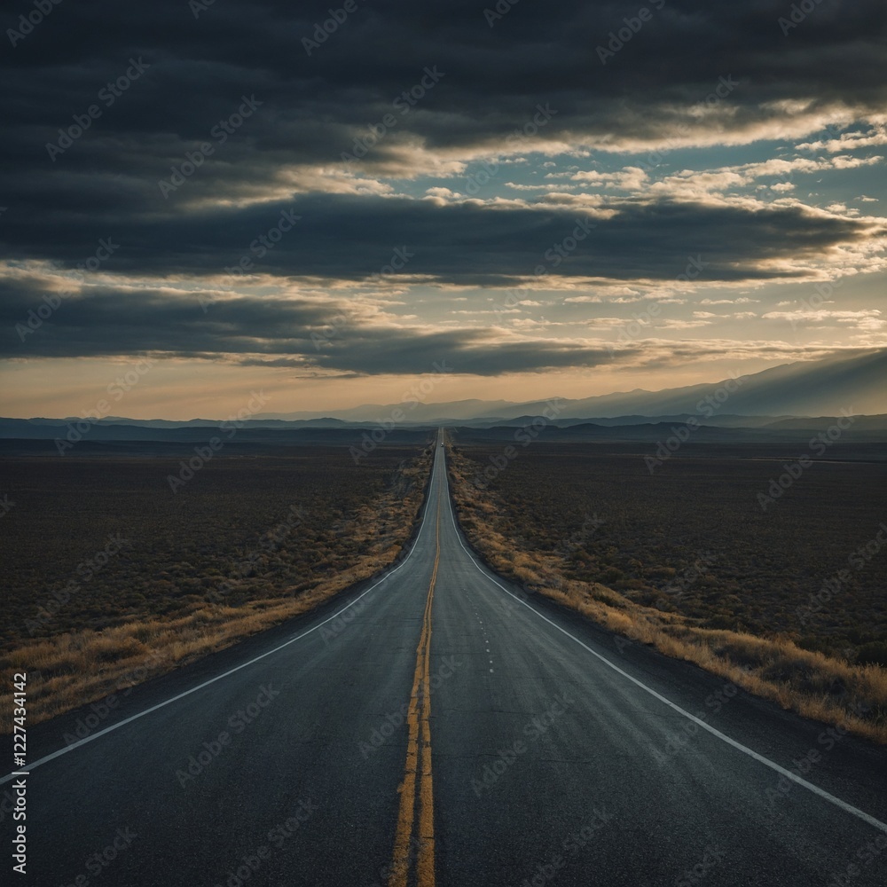 Naklejka premium A lone car driving along an empty highway with a distant horizon.