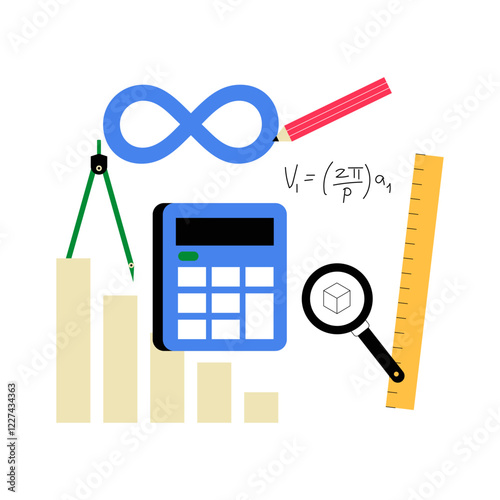 Mathematical Symbols And Tools In Flat Vector Illustration Symbolizing Calculation, Geometry, And Data Analysis, Isolated On White Background