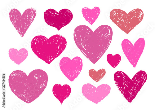 Crayon and pencil drawn textured Saint Valentine's day hearts. Romantic pink decorative element set. EPS 10 vector background.