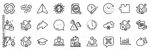 Graduation cap, Vaccination schedule and Seo gear line icons pack. Share, Message, Paper plane icons. Time, Medicine price, Sun protection web icon. Vector