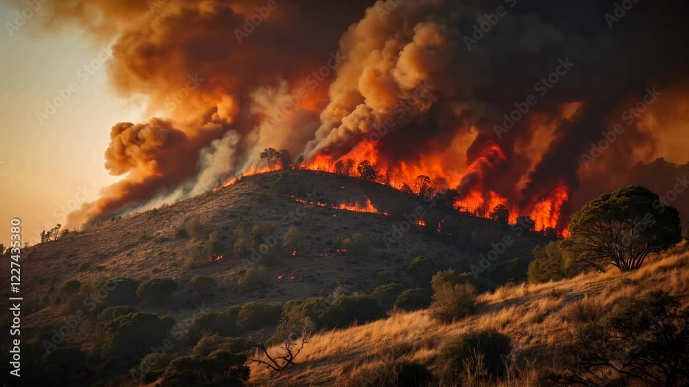 Fiery Forest Fire Engulfs Hillside Under Dramatic Smoky Sky Fiery Forest Fire Engulfs Hillside Under Dramatic Smoky Sky