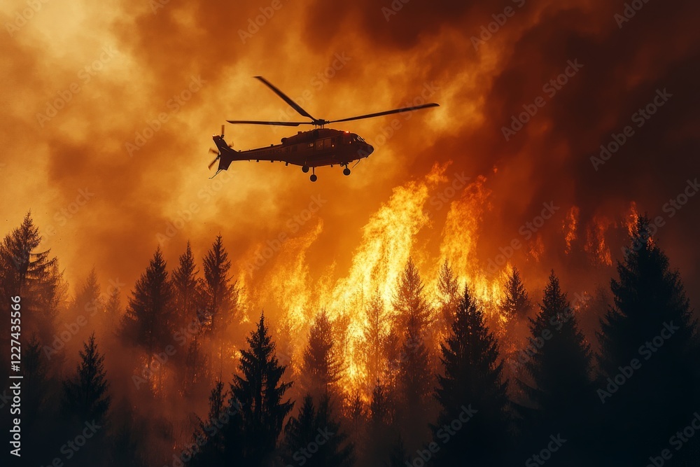 Helicopter battling large forest fire near dense pine trees during sunset hours Helicopter battling large forest fire near dense pine trees during sunset hours