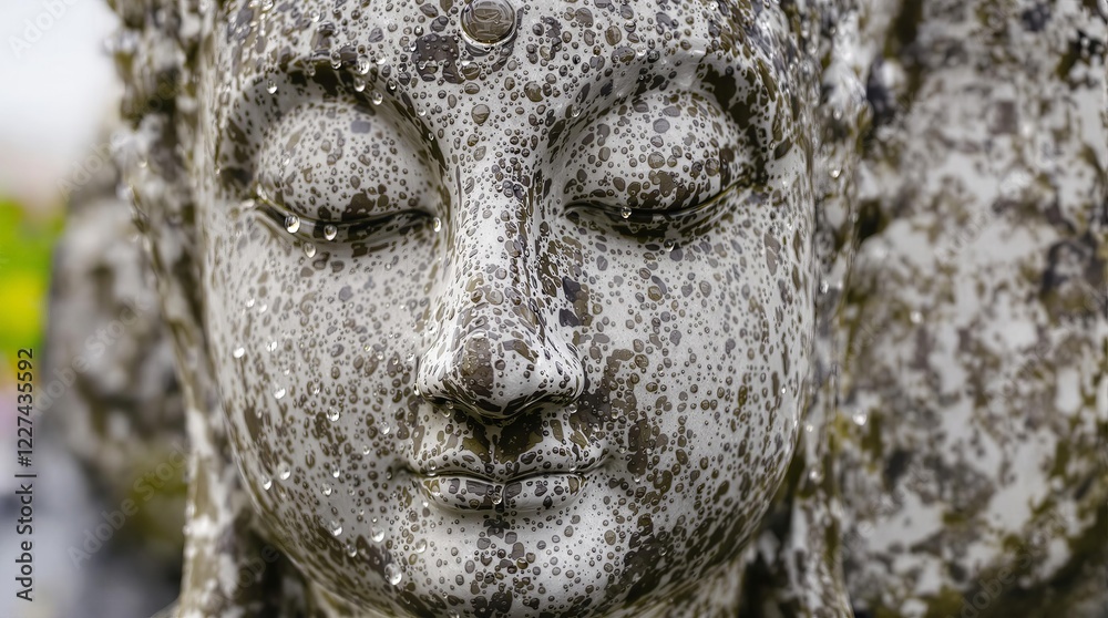 Water droplet impact on Buddha statue cheek captures festival energy and intricate stone textures Water droplet impact on Buddha statue cheek captures festival energy and intricate stone textures