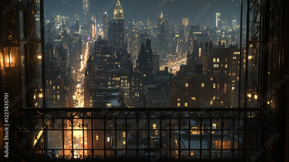 a city through the balcony railing. The urban scene is filled with skyscrapers and city lights, a city through the balcony railing. The urban scene is filled with skyscrapers and city lights,