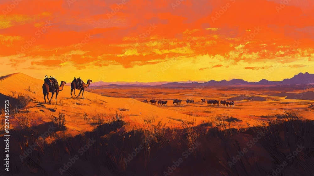 Fototapeta premium Camels Traverse Desert Sands Under a Fiery Sunset Sky