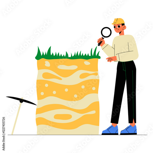 Male Geologist Studying Soil Layers In Flat Vector Illustration Symbolizing Earth Science, Geology Research, And Environmental Studies, Isolated On White Background
