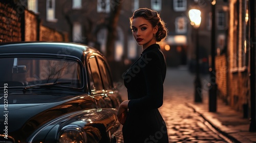 A stylish woman stands by a classic car in a lit cobblestone street at night, exuding elegance and charm in a vintage setting.