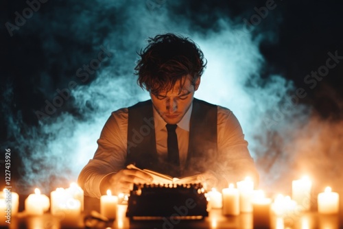 A gothic depiction of a consultant sitting at a dark wooden desk with candles casting eerie light on a ledger filled with mysterious strategies photo