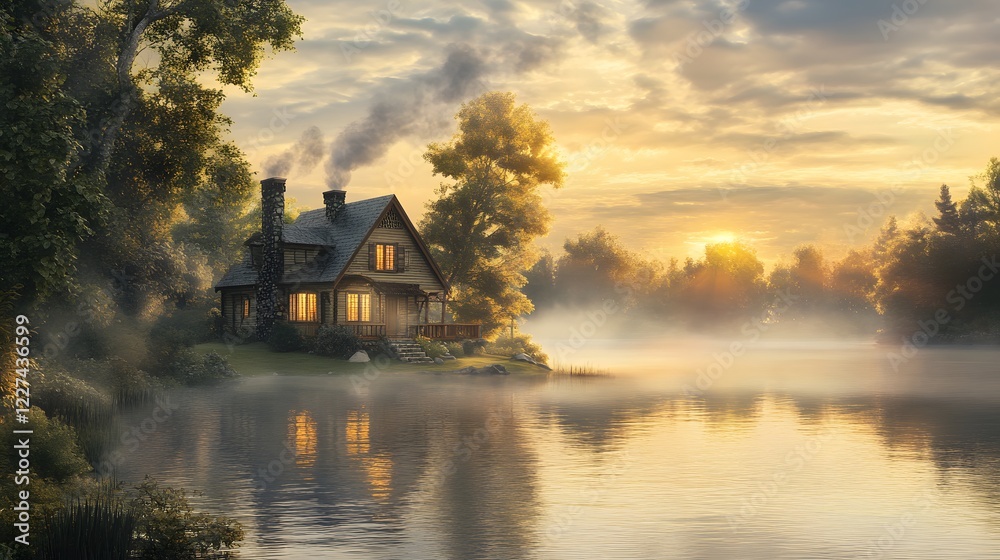 Fototapeta premium Tranquil Lakeside Retreat at Sunrise with Mist and Scenic Nature