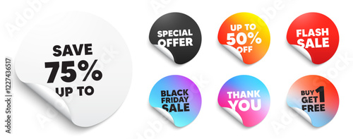 Discount sticker tag. Special offer paper price tags. Save up to 75 percent. Discount Sale offer price sign. Special offer symbol. Discount, black friday sticker. Promo banner. Vector