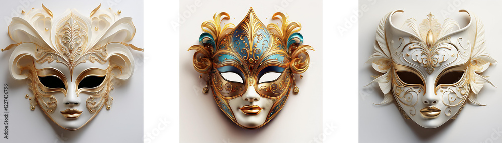 Naklejka premium Three ornate Venetian masks, each with unique design and color palette, are displayed against a plain backdrop. The craftsmanship is intricate, showcasing varied textures and styles.