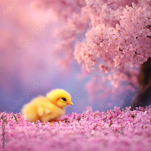Chick sits in blossom, spring sunset