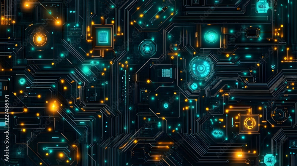 Abstract Circuit Board Design with Neon Lights and Glowing Effects Abstract Circuit Board Design with Neon Lights and Glowing Effects