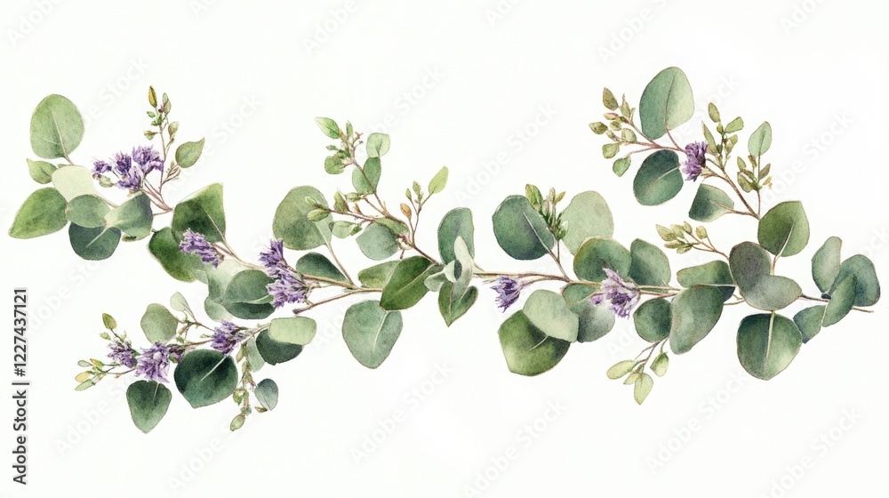 Obraz premium Eucalyptus Branch with Purple Flowers
