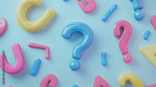Colorful question marks and shapes scattered on a blue background, creating a playful and engaging scene