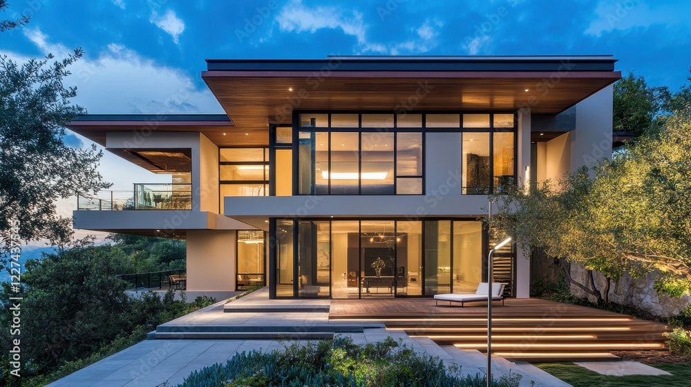 Modern hillside home with expansive windows and sleek design. Illustrates luxury architecture, perfect for real estate or lifestyle projects. Modern hillside home with expansive windows and sleek design. Illustrates luxury architecture, perfect for real estate or lifestyle projects.