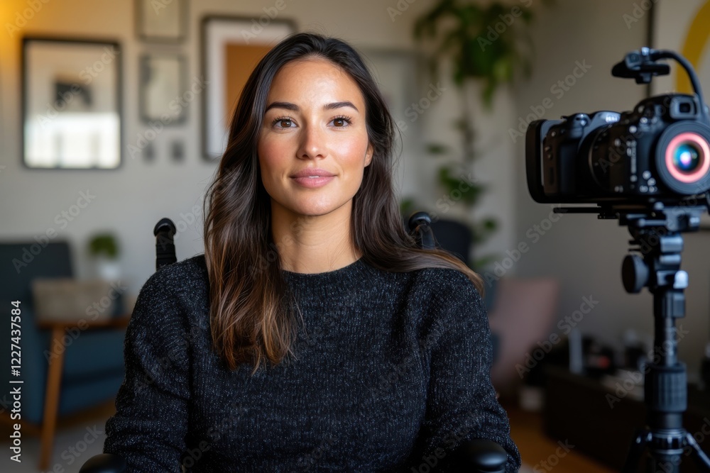 A confident woman sits in a wheelchair, ready for a video shoot in a stylish living room. Her warm smile creates an inviting atmosphere for viewers and content creation. A confident woman sits in a wheelchair, ready for a video shoot in a stylish living room. Her warm smile creates an inviting atmosphere for viewers and content creation.