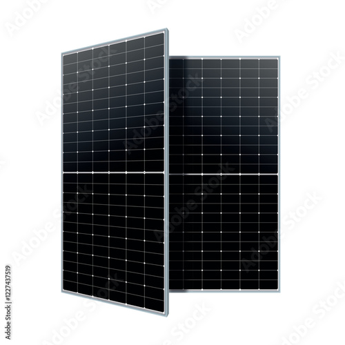 Two sleek solar panels standing upright, showcasing a grid of photovoltaic cells. Highlighting modern renewable energy technology, emphasizing efficiency and sustainability.