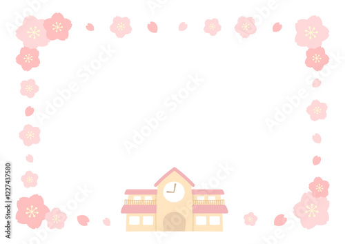 幼稚園の園者と春の桜の花のフレームの入園や卒園のイメージの背景イラスト01