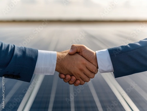 Two businessmen shaking hands in front of a solar panel field, symbolizing partnership, renewable energy investment, sustainability, and corporate collaboration in clean technology.
