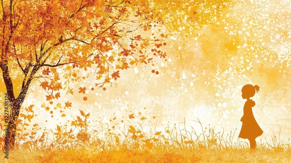 Girl autumn field tree leaves background; fall season illustration Girl autumn field tree leaves background; fall season illustration
