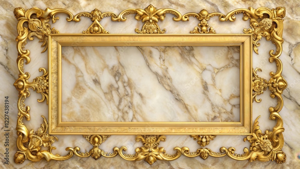 Obraz premium Elegant golden frame on a marble background with intricate patterns and designs, antique, decorative