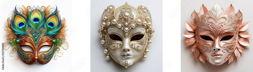 Naklejka premium Three ornate Venetian masks, each with unique design and color palette. Peacock feathers, silver, and rose gold accents add elegance.