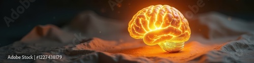 Shimmering golden cerebral cortex within translucent light bulb on parchment-like surface, cerebral cortex, shimmering brain, translucent light
