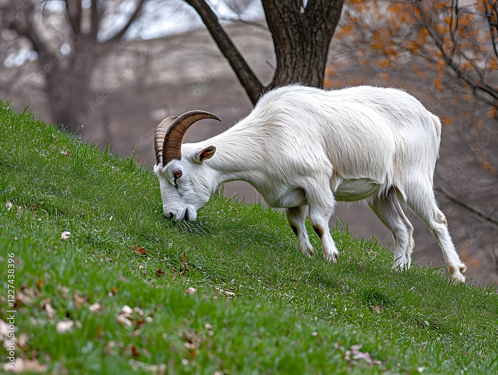 Obraz premium A white goat grazing on green grass in a serene outdoor setting.