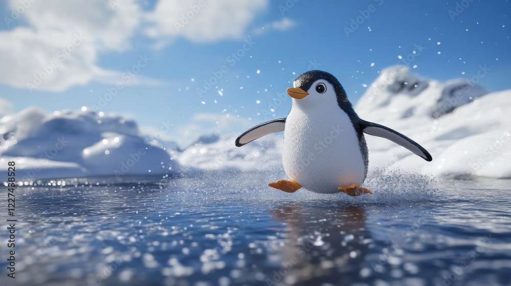 Fototapeta premium A playful penguin sliding on ice, surrounded by sparkling snow and blue skies.