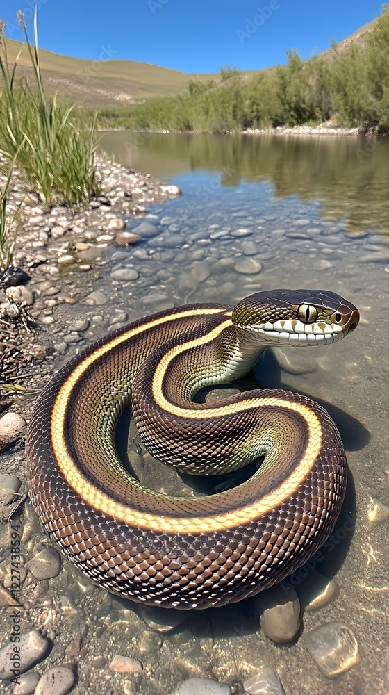 Coastal snake riverbank sunbathing, nature Coastal snake riverbank sunbathing, nature