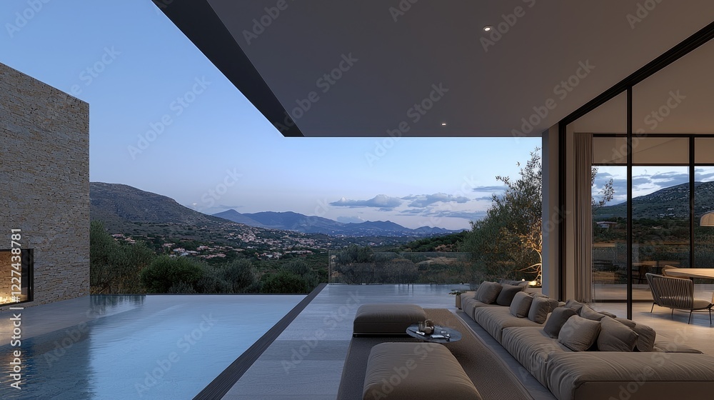 Fototapeta premium Modern villa twilight poolside view; mountain landscape background; luxury real estate