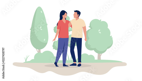Couple standing outdoors in nature - Happy man and woman with arms around each other smiling and enjoying fresh air in park or forest together. Flat design vector illustration on white background