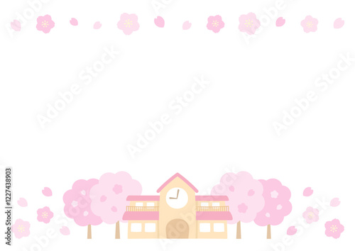 幼稚園の園者と春の桜の花のフレームの入園や卒園のイメージの背景イラスト04