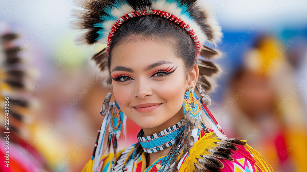 Fototapeta premium Native American powwow dancers showcase vibrant regalia in a colorful celebration of culture and tradition during a lively festival event