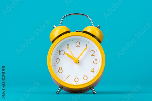 Yellow alarm clock standing over turquoise blue background central composition. Minimalist photo of clock showing ten a.m. Time management and work rest concepts. Nine to five office working hours.