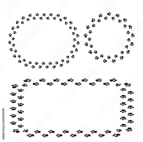   Cute animal paw print frame with copy space. Animal pet dog paw prints border template set. Vector illustration
