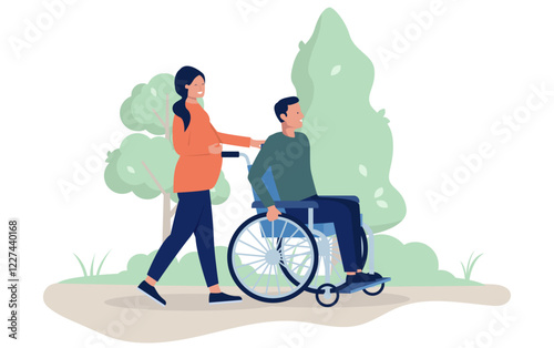 Walking with wheelchair user outdoors - Woman assisting disabled or injured man talking a walk in park or nature getting some fresh air. Flat design vector illustration on white background