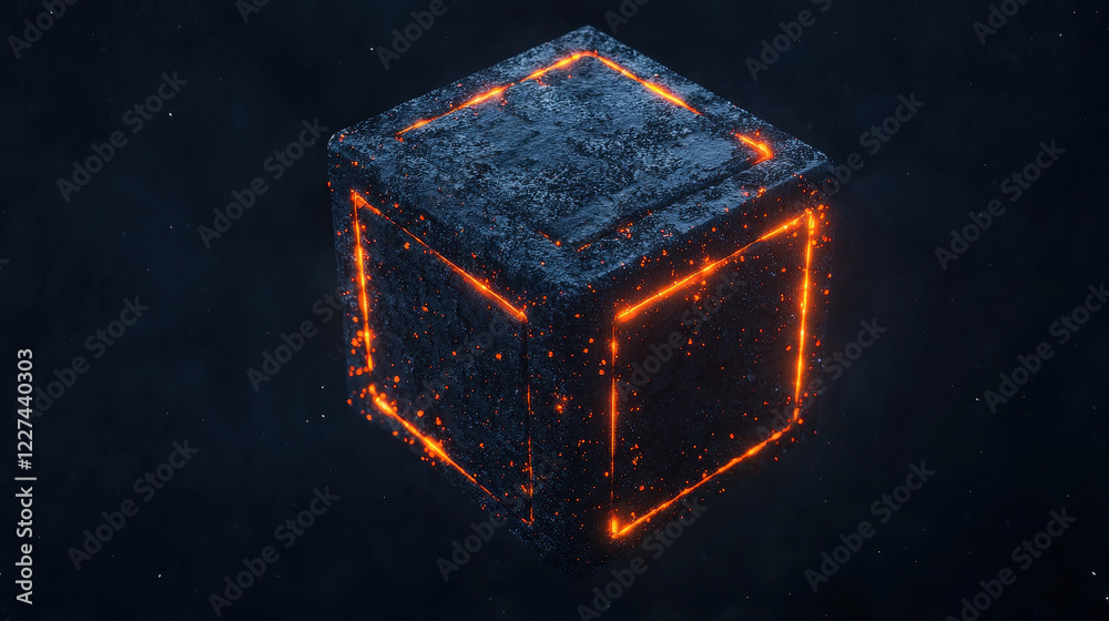 Obraz premium glowing cube shaped spaceship hovers in dark, emitting eerie light