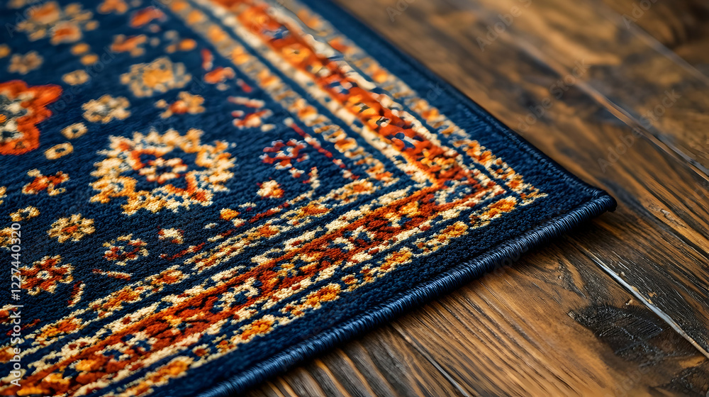 Close-up of a Persian rug corner with traditional patterns on wooden floor Close-up of a Persian rug corner with traditional patterns on wooden floor