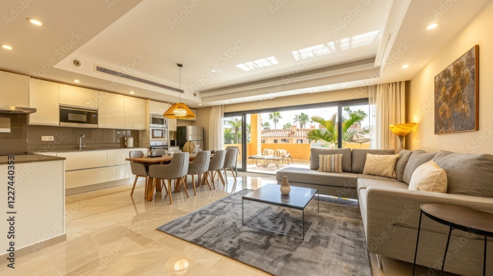 Fototapeta premium Modern living room and kitchen in a bright, stylish apartment with outdoor views and decor