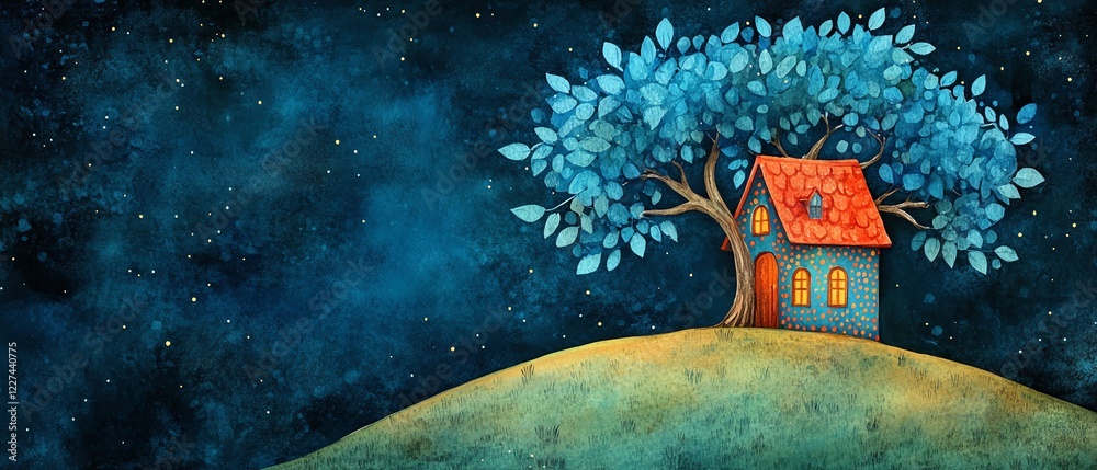 Whimsical watercolor illustration of a treehouse with blue leaves and a red roof Whimsical watercolor illustration of a treehouse with blue leaves and a red roof
