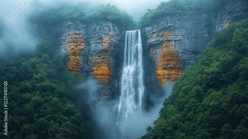 Misty mountain waterfall cascading down cliffs, lush forest backdrop, nature scene, travel poster
